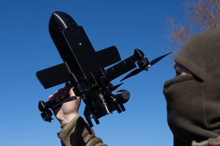 An instructor demonstrates how a drone interceptor works on 11 March